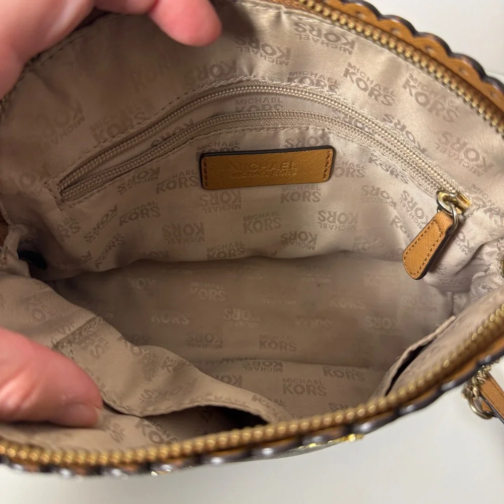 Michael Kors Signature Monogram Scallop Studded‎ Crossbody Bag Brown